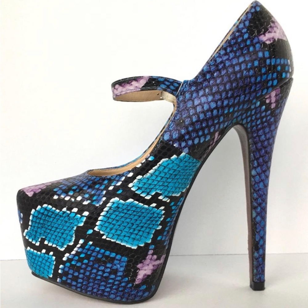 Red Kiss Blue Python Platform Shoes Pumps Size 7.5 Snakeskin Wedge Pump Heel - Picture 8 of 9